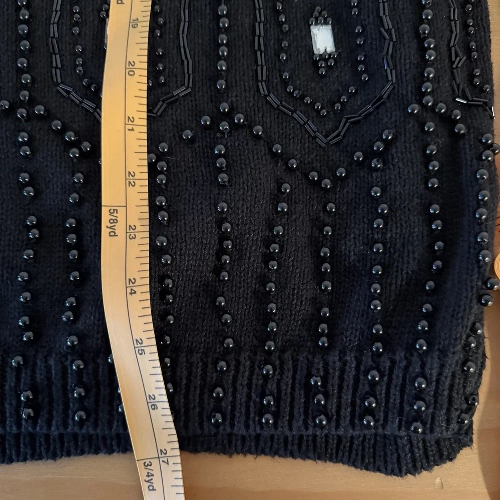 Vtg Womens Sweater XL Black Beaded Rhinestone Mock Neck Cotton Ramie Party 80s